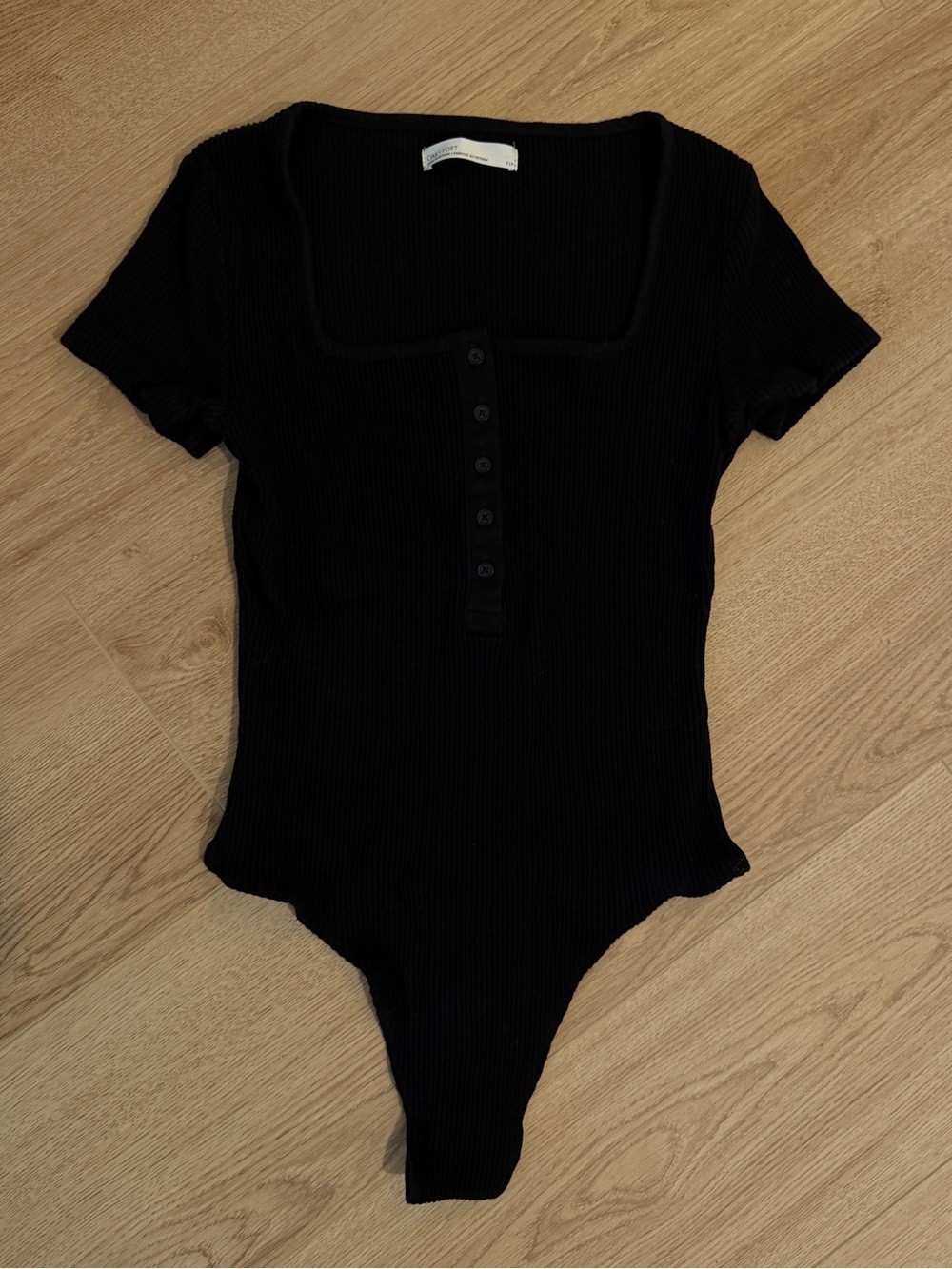 OAK + FORT Black Ribbed Square-Neck Button-Front Bodysuit